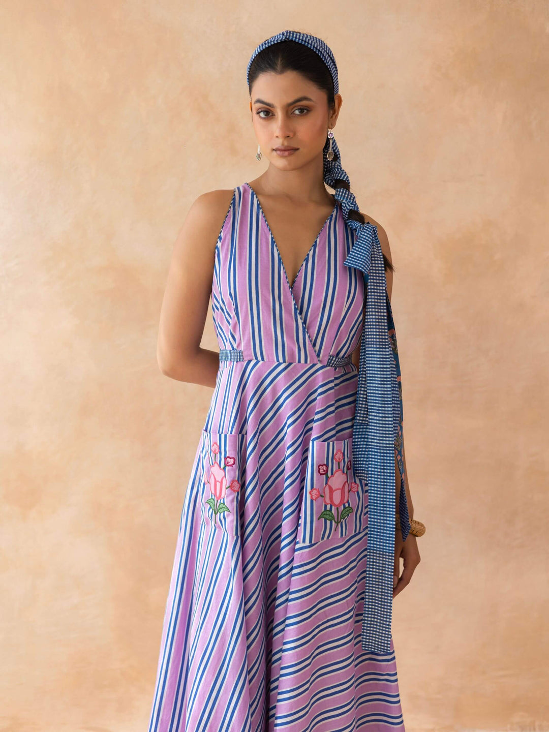 Lileth : Cotton Midi Dress for Women in Lilac & Blue | Striped Dress with Pockets