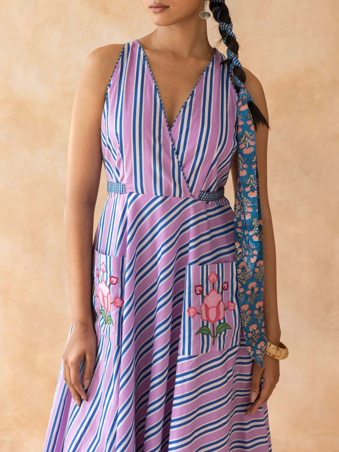 Lileth : Cotton Midi Dress for Women in Lilac & Blue | Striped Dress with Pockets