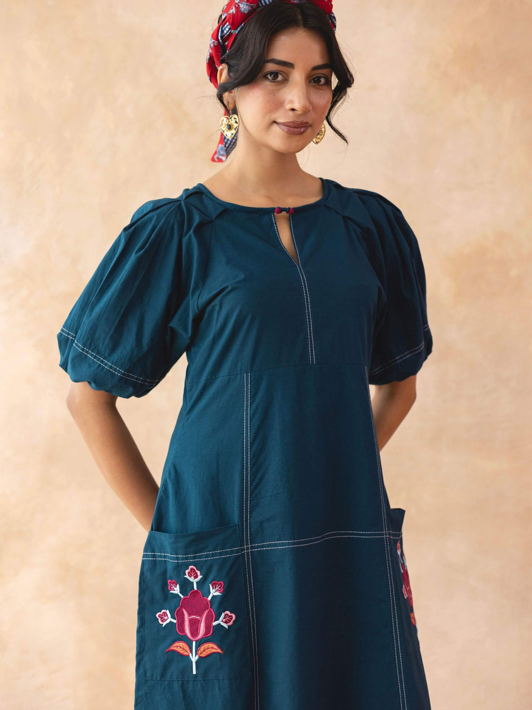 Teora : Teal Cotton Midi Dress with Embroidered Pockets