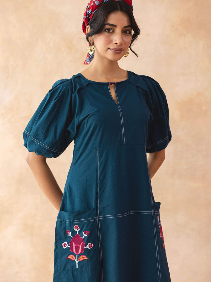Teora : Teal Cotton Midi Dress with Embroidered Pockets