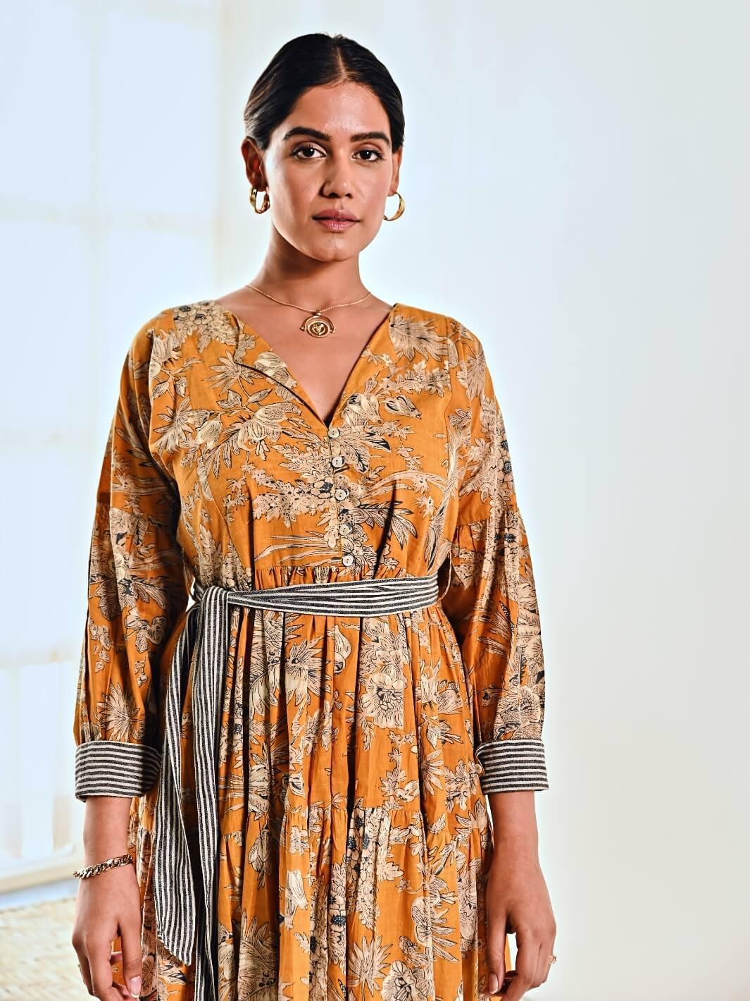 Yellow Cotton Floral Print Maxi Long Dress with Belt MoonTara Yellow Cotton Floral Print Maxi Long Dress with Belt MoonTara