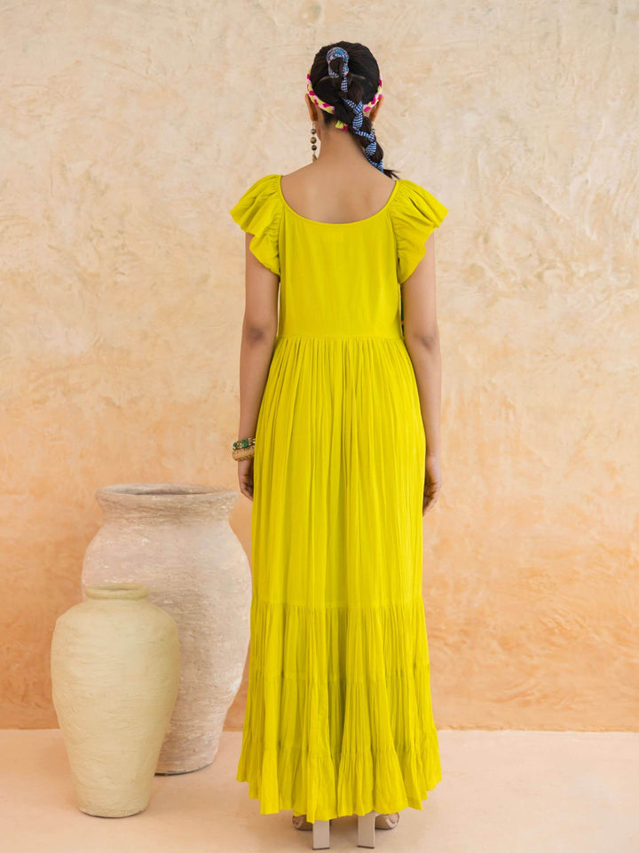 Limmon : Cotton Voile Maxi Dress for Women in Yellow | Voluminous Embroidered Summer Dress