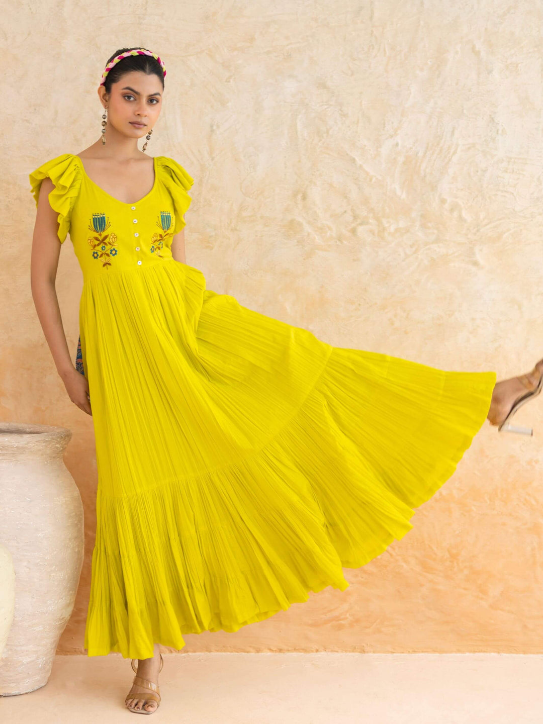 Limmon : Cotton Voile Maxi Dress for Women in Yellow | Voluminous Embroidered Summer Dress