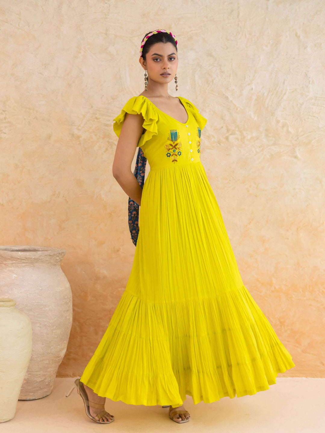 Limmon : Cotton Voile Maxi Dress for Women in Yellow | Voluminous Embroidered Summer Dress