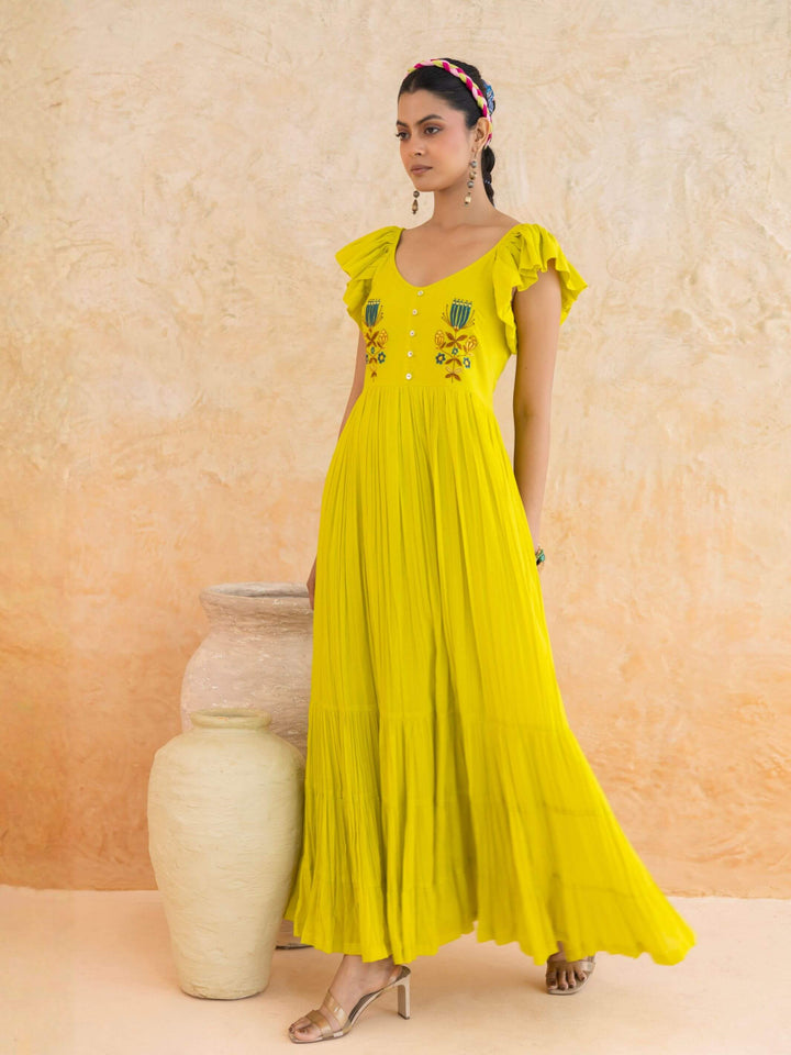 Limmon : Cotton Voile Maxi Dress for Women in Yellow | Voluminous Embroidered Summer Dress