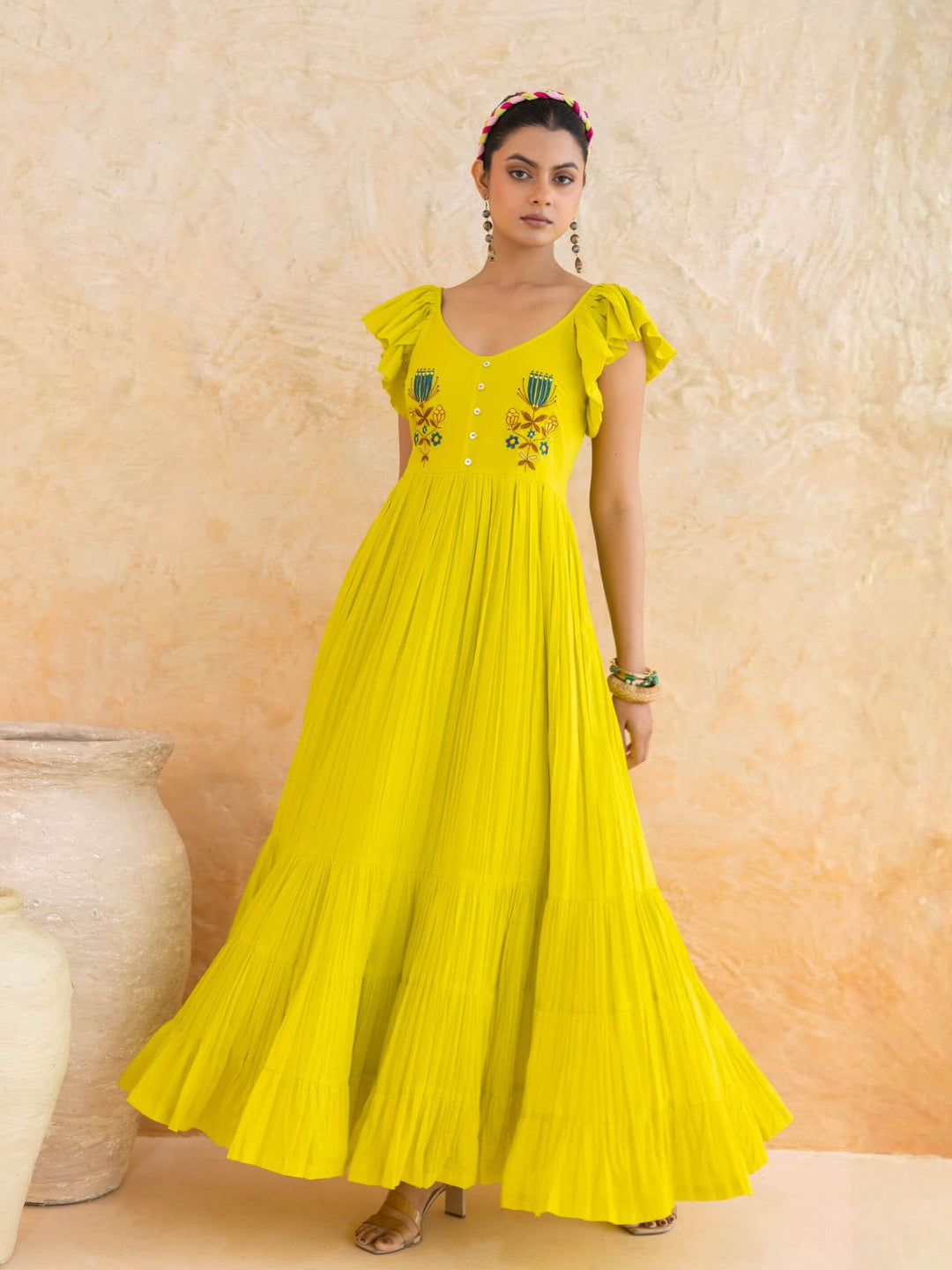 Limmon : Cotton Voile Maxi Dress for Women in Yellow | Voluminous Embroidered Summer Dress