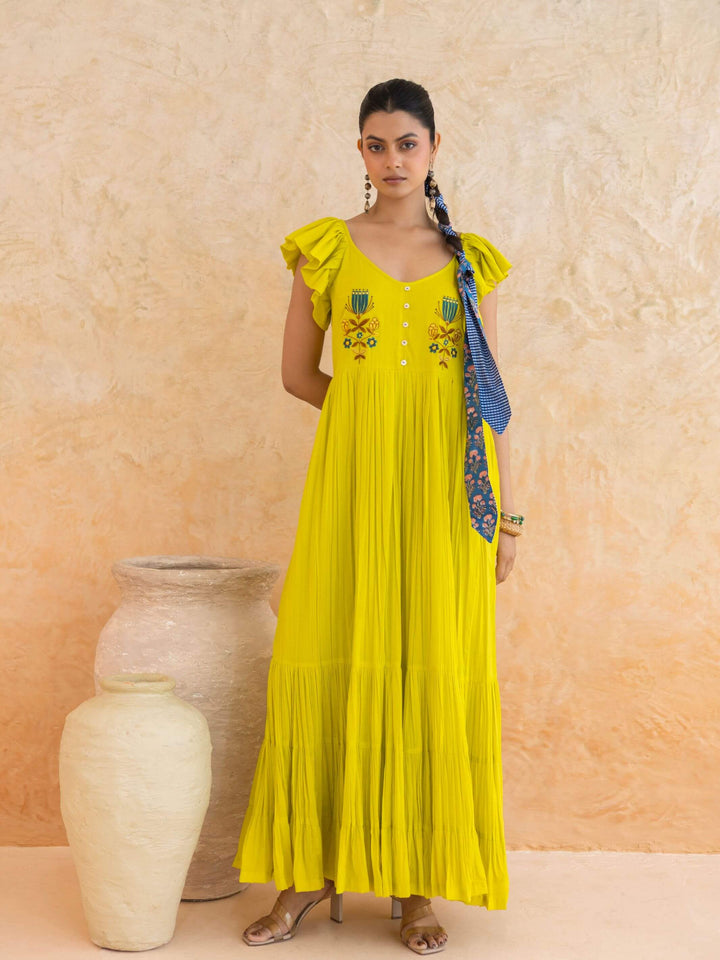 Limmon : Cotton Voile Maxi Dress for Women in Yellow | Voluminous Embroidered Summer Dress